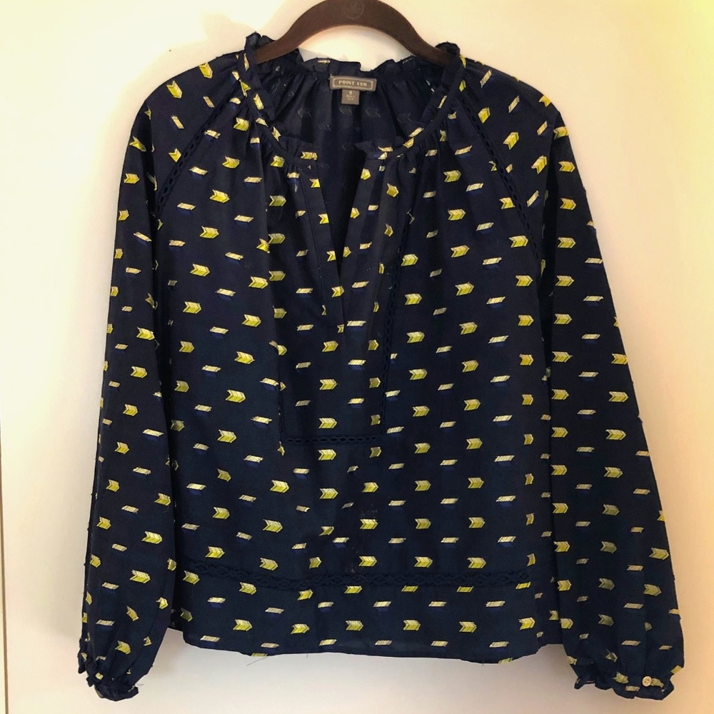 J. Crew Point Sur Navy Ruffle Metalic Clip Dot Top
